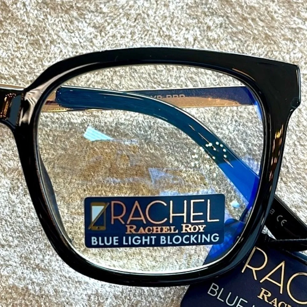 Brand New Rachel Roy Blue Light Blocking Round Glasses Black Frame Gold Tone Arm